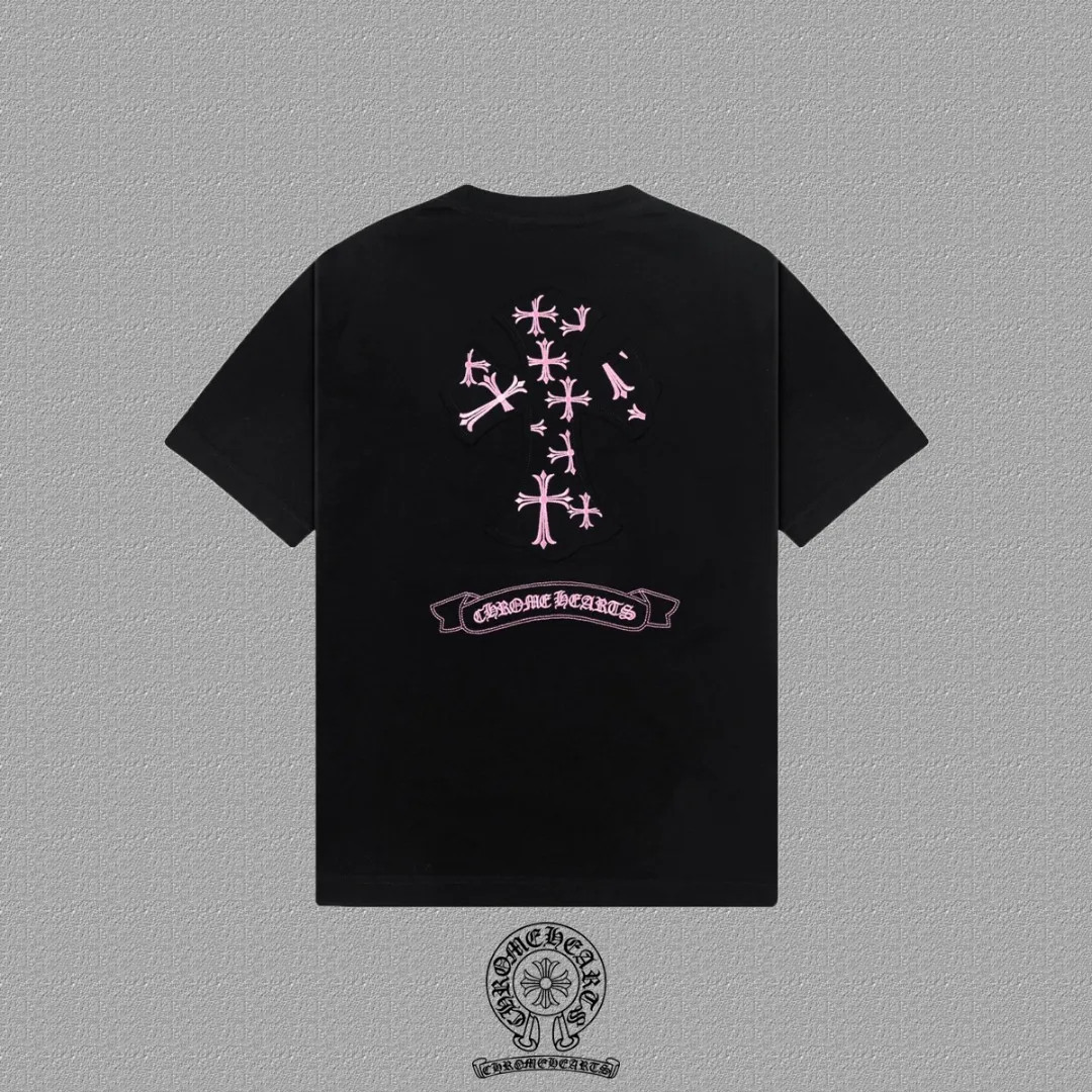 🅿️200 [CH Crow Heart] 2025FW short-sleeved T-shirt, patch embroidery, high-end 26s double yarn 300g fabric, heavy fabric, custom stretcher rib, same cylinder and dye, complete three standards, same style for men and women, color: black, white, size: S M L XL 2XL